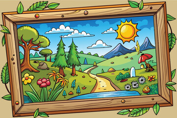 Framed Nature Landscape with Trees, Flowers, and Sun Vector Illustration