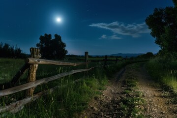 A rustic wooden fence along a countryside path, illuminated by a full moon