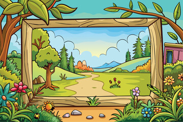 Colorful Framed Nature Landscape with Path and Trees Vector Illustration