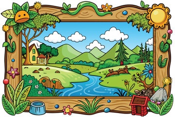 Colorful Framed Nature Scene with Cottage and River Vector Illustration