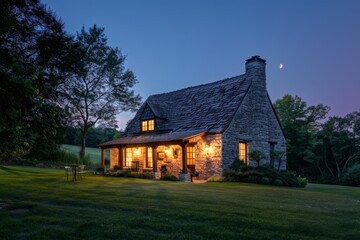 Obraz premium A rustic stone cottage in the countryside, warmly lit from within on a clear night