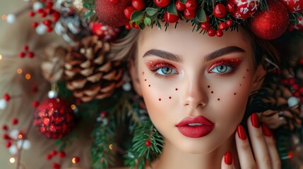 Christmas Model with Xmas Tree Hairstyle, Red Makeup, and Manicure