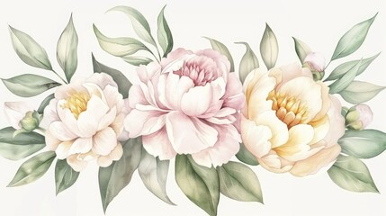 watercolor peonies flowers and green leaves, soft colors, boho style