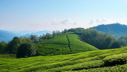 Fototapeta premium Green tea plantation at sunrise time, nature background. tea plantations landscape in Rize province. tea plantation in early morning, green lines of the tea farm in the morning. Generative Ai 