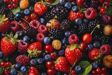 Fototapeta premium Craft a top-down view of a burst of assorted berries, overflowing with vibrant colors and sumptuous juiciness, in a detailed and realistic oil painting,