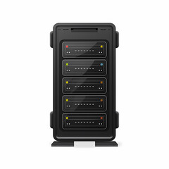Obraz premium Modern black data server rack isolated on white background, showcasing advanced storage and computing capabilities.