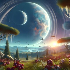 Illustration of the environment, including the appearance of space planets and various plants