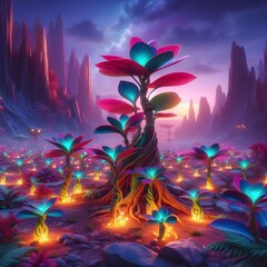 Illustration of the environment, including the appearance of space planets and various plants