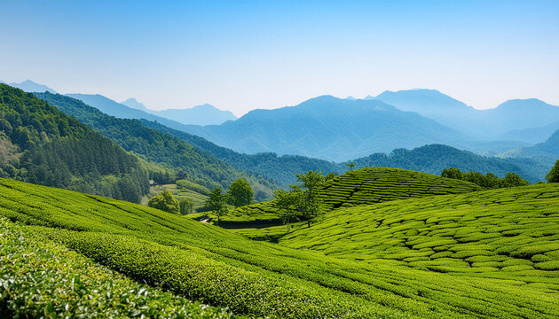 Green tea plantation at sunrise time, nature background.  tea plantations landscape in Rize province. tea plantation in early morning, green lines of the tea farm in the morning. Generative Ai  