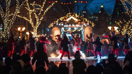 A group of performers entertains the gathered crowd backs to the camera as they showcase talents under the glow of the . .