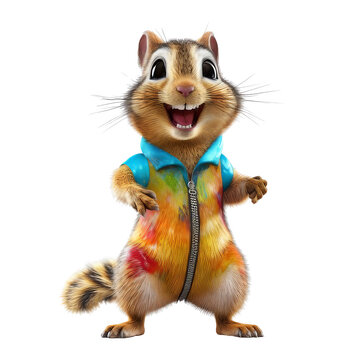A cheerful cartoon chipmunk wearing a colorful, patterned jacket, with a big smile and wide eyes.