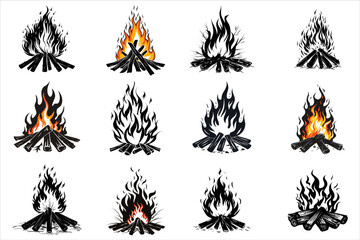 Campfire icon silhouette vector bundle set, flame burning bonfire silhouette