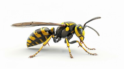 Detailed Macro Image of a Yellow and Black Wasp in Perfect Clarity on a Plain White Surface