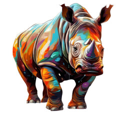 Fototapeta premium A colorful, abstract rhinoceros illustration with splashes of paint on its body.