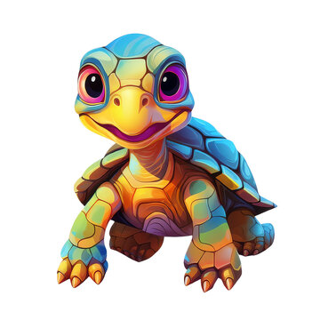 A colorful and cartoonish baby turtle with a big smile, looking at the camera.