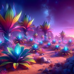 Illustration of the environment, including the appearance of space planets and various plants