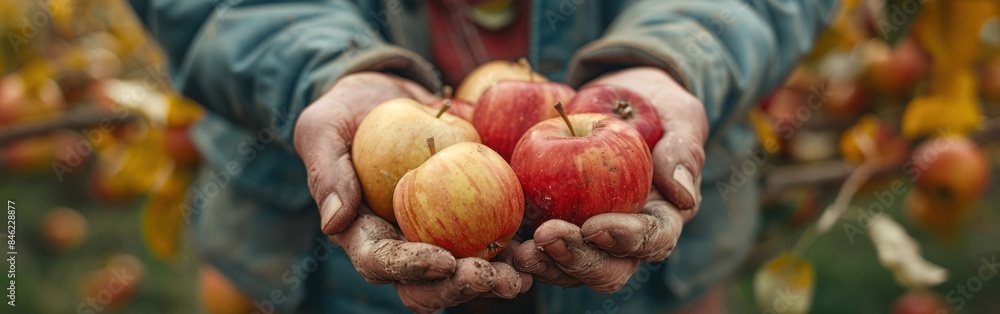 Wall mural ripe apple harvest: close-up of farmer's hands carrying fresh fruits for agriculture background - Wall murals