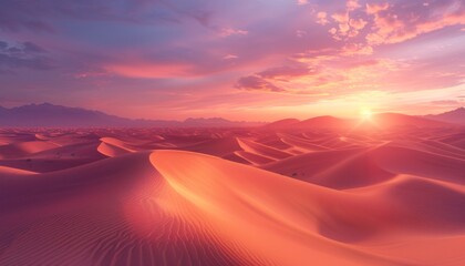 beauty of desert dunes illuminated by the soft, warm hues of the setting sun, creating a magical and ethereal atmosphere