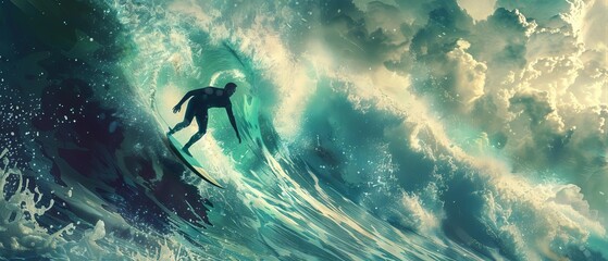 Design a digital artwork featuring a low-angle view of a surfer riding a wave, with the water splashing around in a dynamic and exhilarating manner,