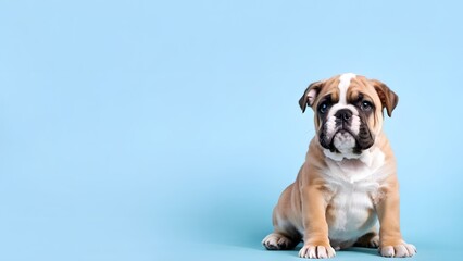 Obraz premium Bulldog puppy sitting on a solid pastel blue background with space above for text