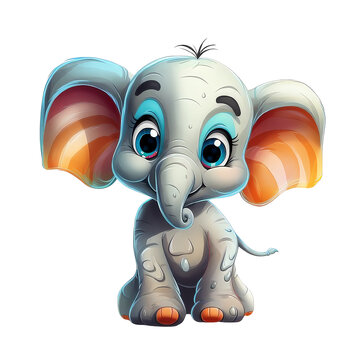 Cute cartoon baby elephant with big eyes and orange ears. Adorable animal illustration for children's books or products.