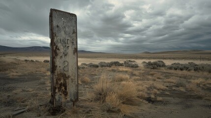A lonely road marker stands crooked and weatherworn its once helpful directions now useless in this desolate and ghostly setting. . AI generation.