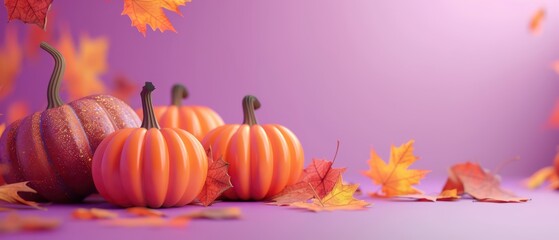 3D pumpkins and fall leaves on matte surface, vibrant colors, copy space,