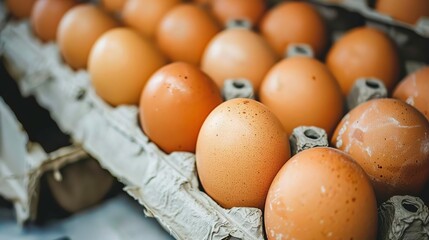 Detailed view of several brown eggs in a carton,