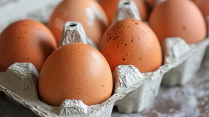 Detailed view of several brown eggs in a carton,