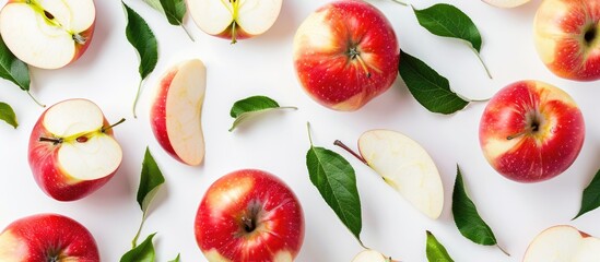 Sliced Apples with Leaves on a White Background