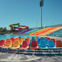Fototapeta premium Abandoned Play: A Deserted Water Park Amphitheater with Colorful Seats