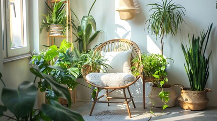Fototapeta premium Tylish and floral composition of living room interior with rattan armchair a lot of tropical plants in design pots decoration