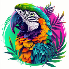 Obraz premium Rainforest Echoes: Parrot Head with Lush Foliage and Perch