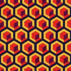 Seamless pattern of halftone retro hexagons in bold, contrasting colors, Generative AI
