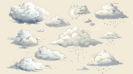 Sun, moon and clouds with rain icons, weather forecast concept