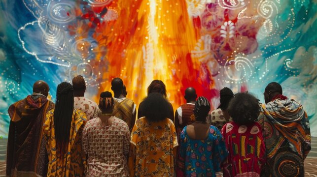 A group of individuals each adorned in unique patterns and colors come together in prayer and reflection as they face away from the . .