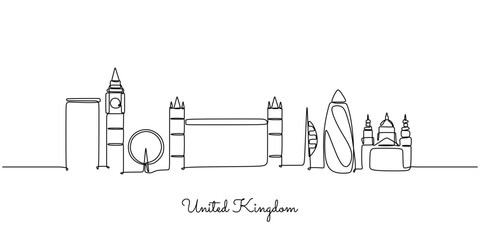 Obraz premium United Kingdom England skyline continuous line drawing building and architecture concept hand drawn.