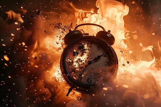 Exploding clock with fiery background,