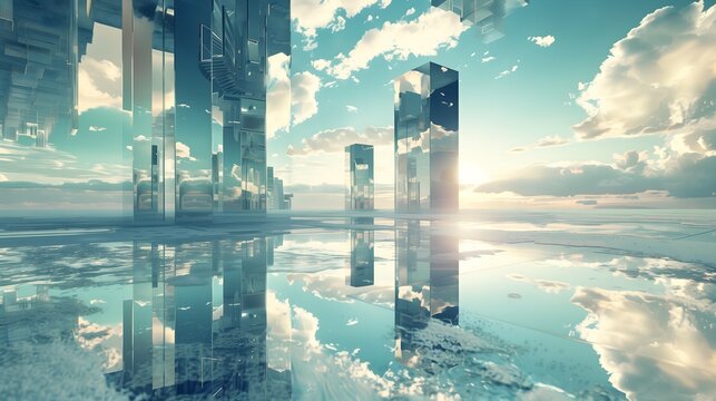 Surreal Glass Towers Reflecting Sky and Clouds