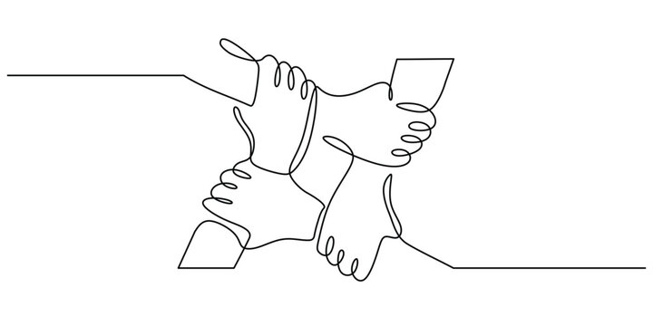 People unite their hands together continuous line drawing isolated background for Teamwork concept.