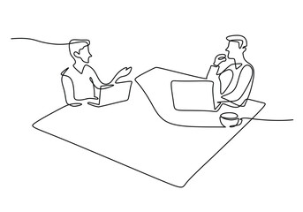 People work together with computer laptop continuous line drawing. Teamwork and business concept.