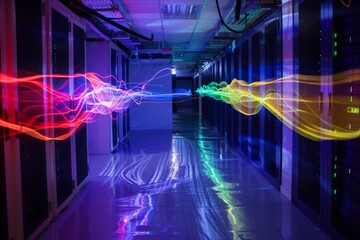 A high-tech server room with data streams visualized as flowing lines of light
