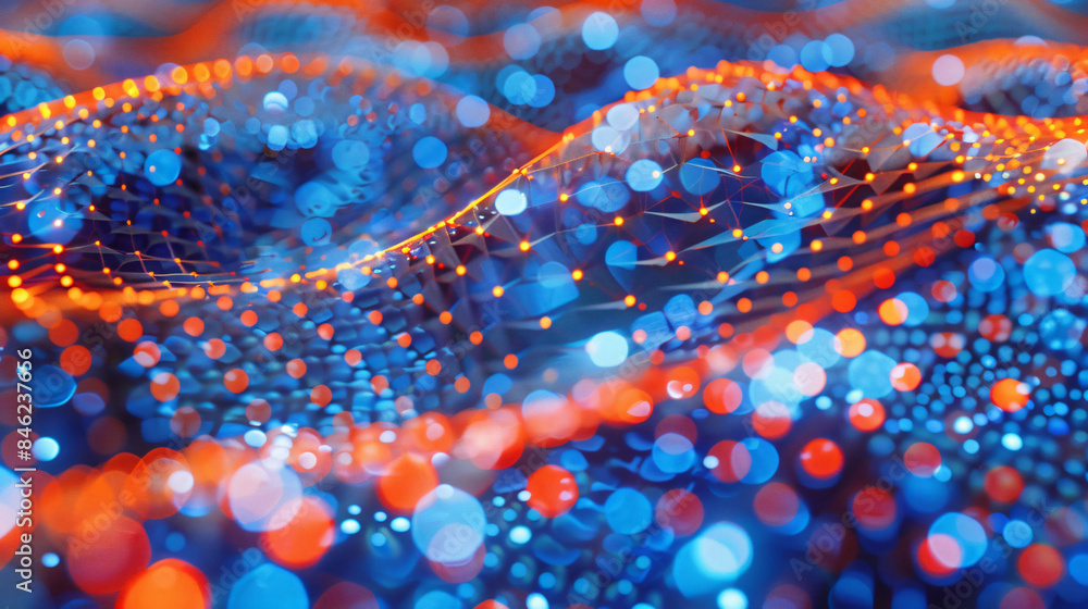 Poster abstract red and blue network with bokeh lights, for technology and data visualization