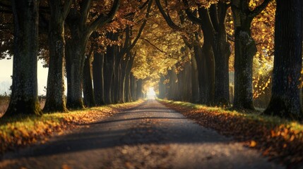 A row of tall swaying trees line the road creating a mesmerizing tunnel that draws the eye towards the distant horizon and stirs up . AI generation.
