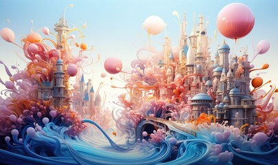 Obraz premium Whimsical Castle City Amidst a Sea of Swirls