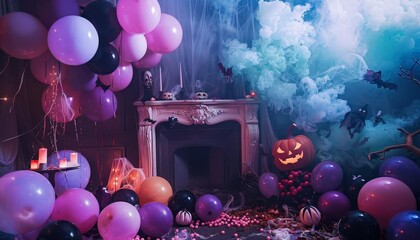 Halloween party backdrop with balloons and spooky decor,