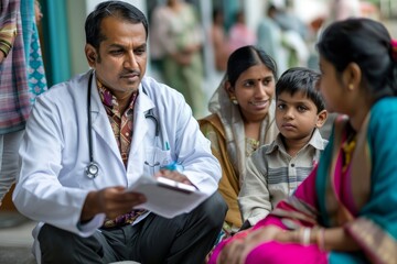 A doctor explaining a diagnosis to a family in an Indian clinic