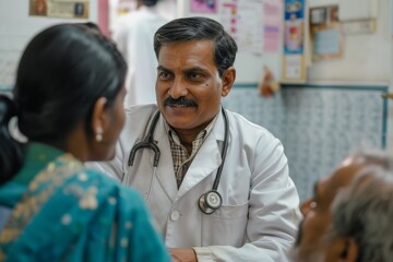 A doctor in a lab coat interacting with a patient in an Indian hospital