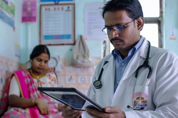A doctor in India using a tablet for patient records in a modern clinic