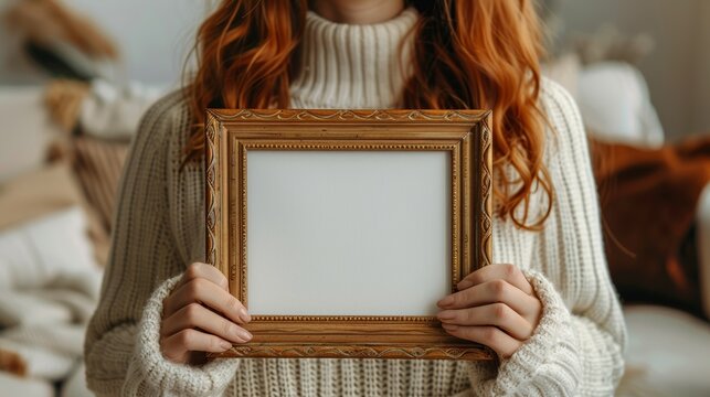 A girl with curly hair holds an empty photo frame in her hands.